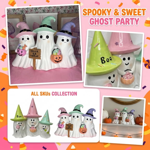 Cute Ghost Decor, Pastel Color Blocked Witch Hat Ghost Trio Figurine, for Halloween Home Decor Indoor, Halloween Table Decor, Figurines Home Decor, Perfect for Halloween Boo