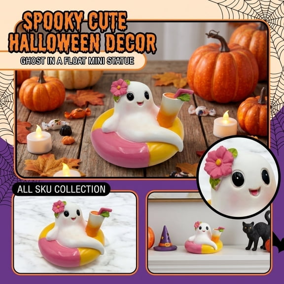 Cute Ghost Decor, Playful Summer Ghost on Ring Pool Float with Hibiscus Flower Accent, Tropical Party Decorations for Shelf Counter Centerpiece, Fun Halloween Summer Hybrid Decor,