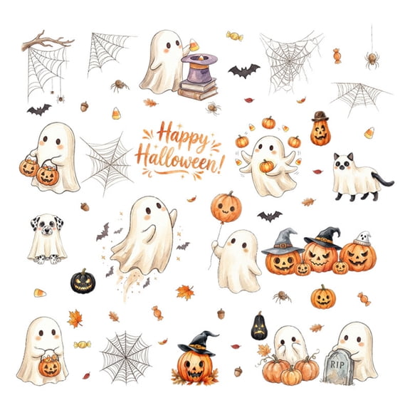 Cute Ghost Dog Cat Static Window Clings, Happy Halloween Pumpkin Spider Web Bat Static Glass Stickers Window Decor