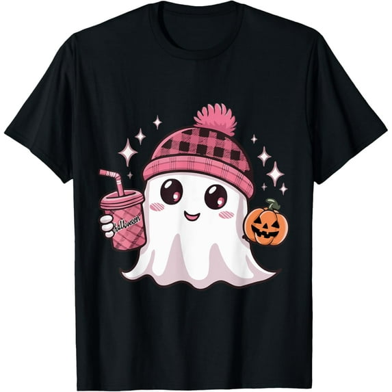 Cute Ghost Drinking Coffee Halloween Ghost Ice Coffee Pink T-Shirt