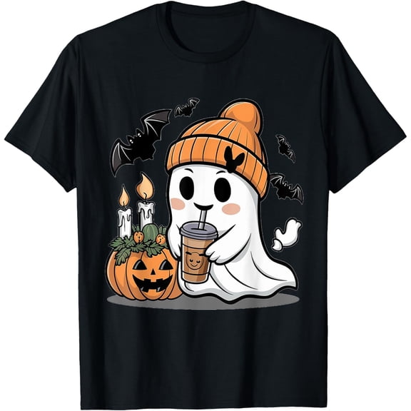 Cute Ghost Drinking Coffee Halloween Ghost Ice Coffee T-Shirt