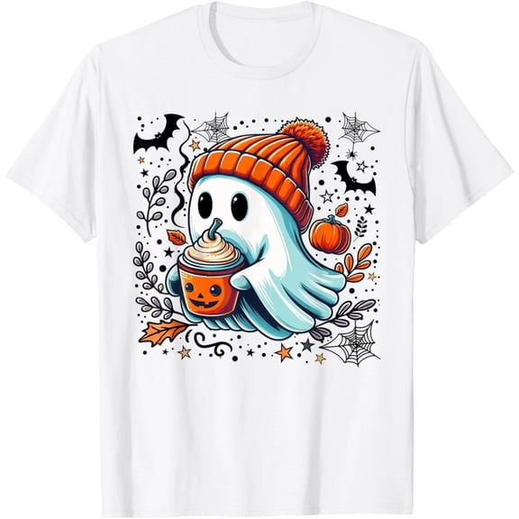 Cute Ghost Drinking Coffee Halloween Ghost Ice Coffee Women T-Shirt