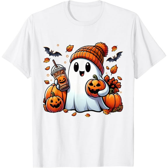 Cute Ghost Drinking Coffee Halloween Ghost Ice Coffee Womens T-ShirtMen's and women's pure cotton short-sleeved shirts