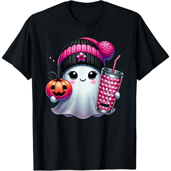 Cute Ghost Drinking Coffee Halloween Ghost Ice Coffee Womens T-Shirt