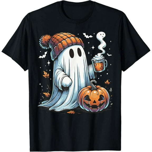Cute Ghost Drinking Coffee Halloween Ghost Ice Coffee Womens T-Shirt