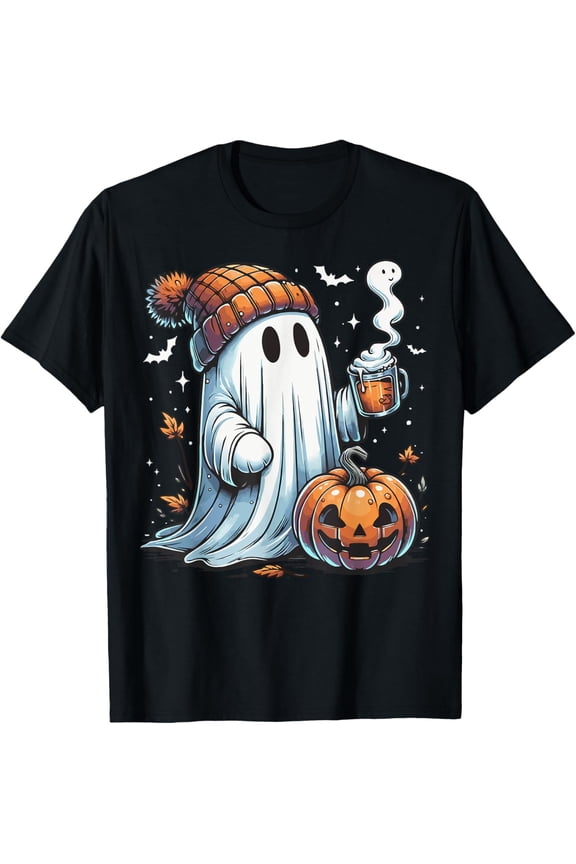 Cute Ghost Drinking Coffee Halloween Ghost Ice Coffee Womens T-Shirt