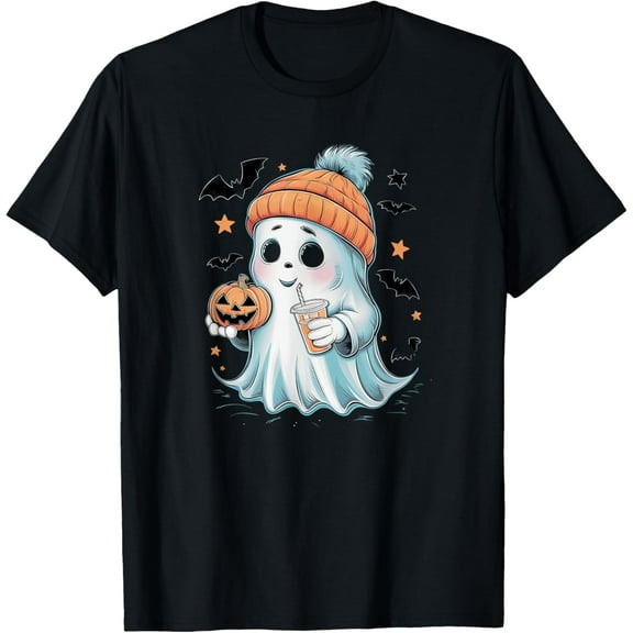 Cute Ghost Drinking Coffee Halloween Ice Coffee Womens T-Shirt