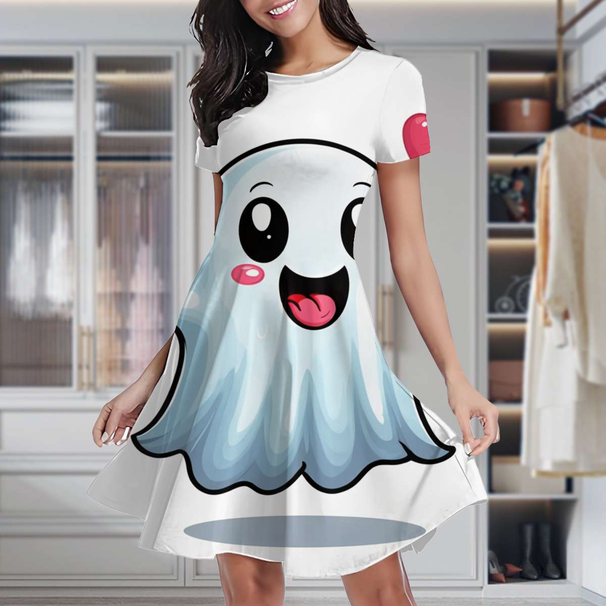 Cute Ghost Emoji Print Women's Classic Swing Skater Dress Casual Work ...