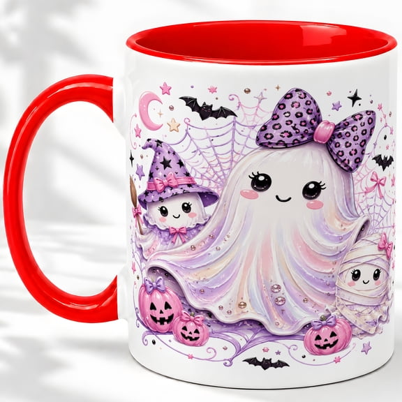 Cute Ghost Family 11oz Ceramic Mug, Pink Halloween Style Ceramic mug with bow ghost, witch ghost, mummy, pink pumpkins, bats, and webs for Halloween coffee or tea