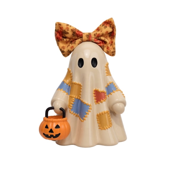 Cute Ghost Figurine – 9.45 Inch Resin Halloween Decor with Big Bow and Patchwork, Hand Painted Spooky Cute Ghost HoldingPumpkin Bucket, Desk Ornament for Home Decor