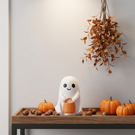 Cute Ghost Figurine with Pumpkin Bucket 4.72in Halloween Resin Ghost Statue Ghost Tabletop Decor Fall Autumn Tiered Tray Ornament Spooky Cute Home Decor Halloween Party Gift