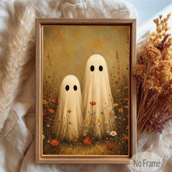 Cute Ghost Floral Fall Poster Wall Decor Wildflower Meadow Canvas Art Prints Painting Artwork Home Halloween Bathroom Farmhouse Decoration No Frame