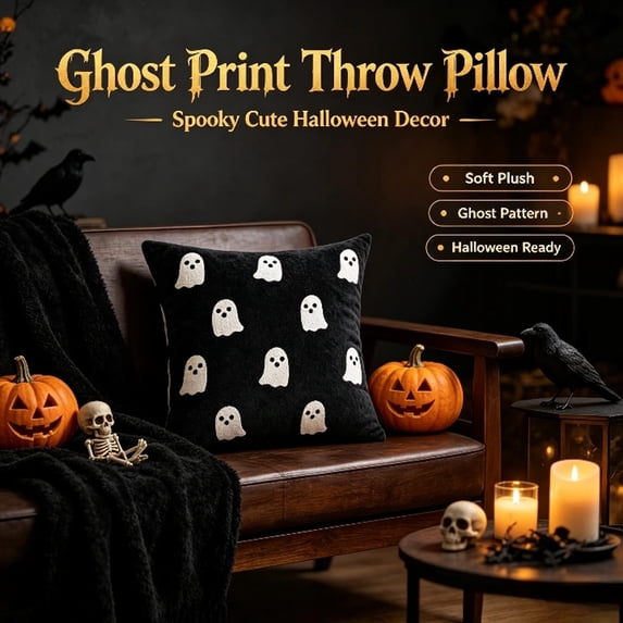 Cute Ghost Fringe Halloween Throw Pillow, Black Velvet Ghost Square Decorative Cushion, Soft Accent Pillow, for Sofa, Couch, Bedroom, 40*40cm