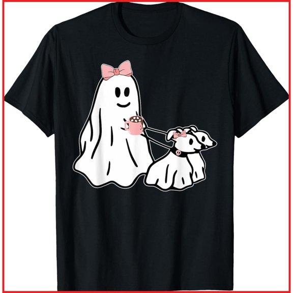 Cute - Ghost Graphic Tee,Tops Has Bold “‘Bow’ Text & Ghost Pattern” Design,Round Neck Regular Fit T - shirts, Size(S - 5XL)