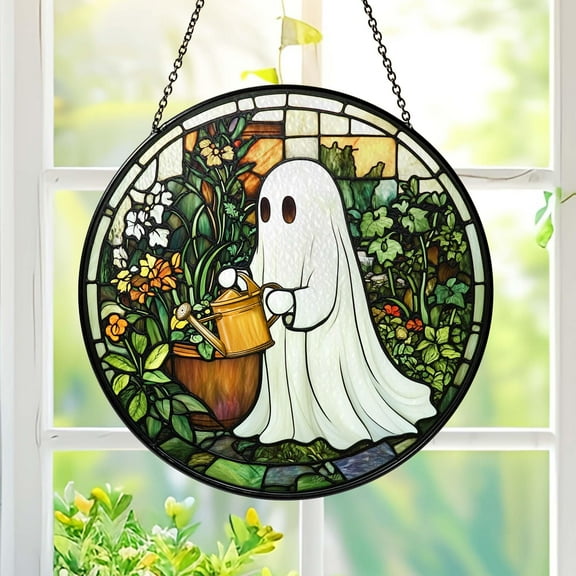 Cute Ghost Greenhouse Stained Glass Suncatcher, Garden Window Decor for Nature Lovers