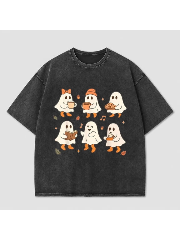 Cute Ghost Group Graphic Vintage Washed Halloween Shirt for Women, Spooky Fall Tee
