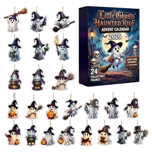 Cute Ghost Halloween Advent Calendar 2026, 24pc Non-Scary Cartoon Ghost Witch Charms, Portable 18cm Gift Box, Mini Acrylic Decor for Car Mirror Window Halloween Party Home Decor