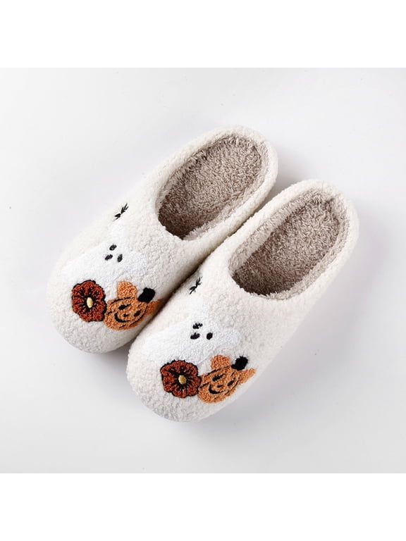 Cute Ghost Halloween Closed Toe Slippers for Women Plush Fluffy Slip On Comfortable Winter Bedroom Shoes