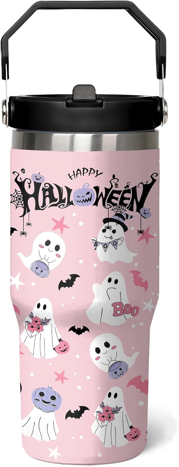 Cute Ghost Halloween Cup 30 Oz Tumbler with Handle and Flip Straw, Insulated Halloween Tumbler Keeps Drinks Cold & Hot, Stainless Steel Halloween Coffee Mug Halloween Themed Halloween Gifts For Women