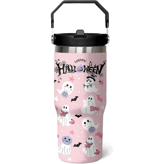 Cute Ghost Halloween Cup 30 Oz Tumbler with Handle and Flip Straw, Insulated Halloween Tumbler Keeps Drinks Cold & Hot, Stainless Steel Halloween Coffee Mug Halloween Themed Halloween Gifts For Women