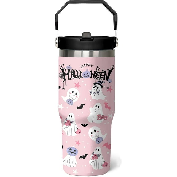 Cute Ghost Halloween Cup 30 Oz Tumbler with Handle and Flip Straw, Insulated Halloween Tumbler Keeps Drinks Cold & Hot, Stainless Steel Halloween Coffee Mug Halloween Themed Halloween Gifts For Women