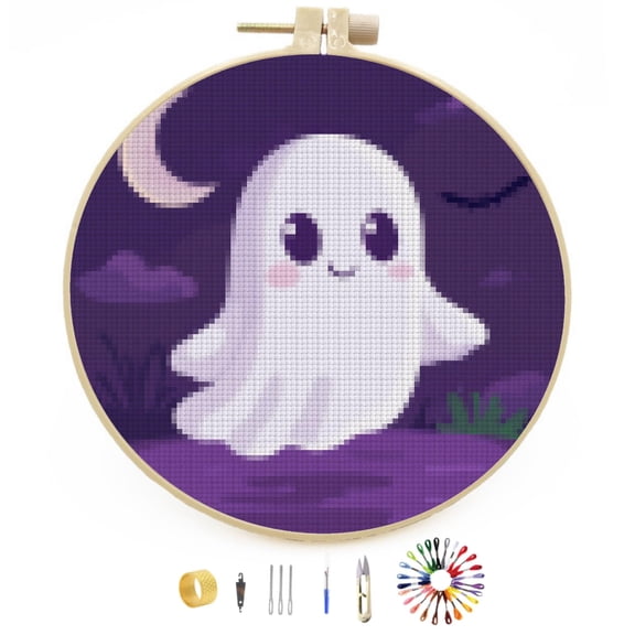 Cute Ghost Halloween DIY Stamped Cross Stitch Kits Easy for Beginners with Hoop 11CT Counted Embroidery Needlepoint Crafts Arts for Handmade Enthusiasts and Home Decor 30x30cm(3)