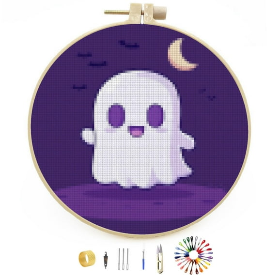 Cute Ghost Halloween DIY Stamped Cross Stitch Kits Easy for Beginners with Hoop 11CT Counted Embroidery Needlepoint Crafts Arts for Handmade Enthusiasts and Home Decor 30x30cm(2)