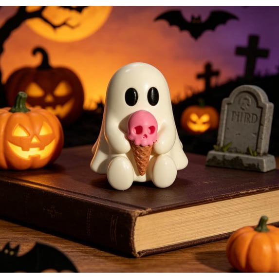 Cute Ghost Halloween Decor, Mini Adorable Ghost Figurine with Skull Ice Cream, Spooky Season Tabletop Ornament for Desk, Shelf, and Party