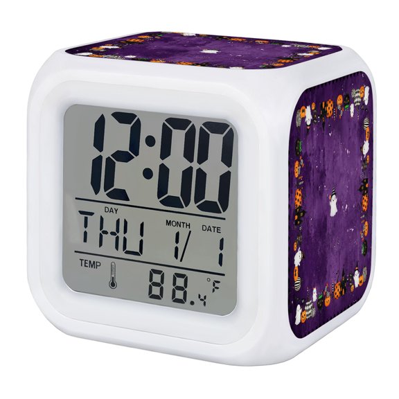 Cute Ghost Halloween Digital Alarm Clock for Bedrooms, Smart LED Alarm Clock with 7 Color Changing Night Light, Pumpkins Castle Spooky Purple Silent Wake Up Clocks for Sleep Study Cooking 3.2"x3.2"