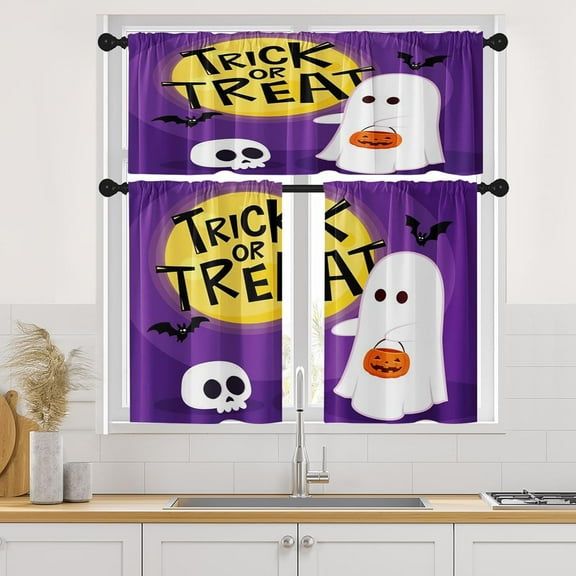 Cute Ghost Halloween Kitchen Curtains Pumpkin Funny Spooky Window Curtains Valance and Tier Set 36 Inch Rod Pocket Short Tier Curtain for Room, Cafe Kitchen Decor
