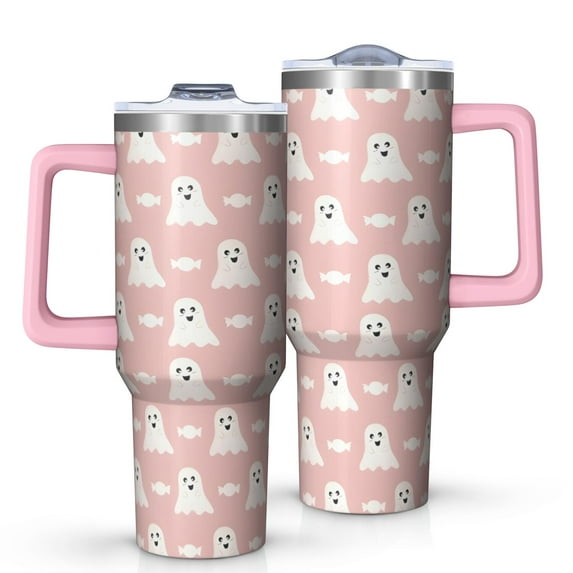 Cute Ghost Halloween Pattern Tumbler with Handle and Lid,40oz Double Wall Vacuum Insulated Tumbler,Cups Gift for Women and Men