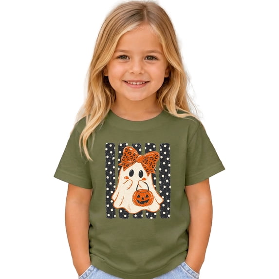 Cute Ghost Halloween Shirt for Girls Leopard Bow Pumpkin, Military Green Shirt, Youth L