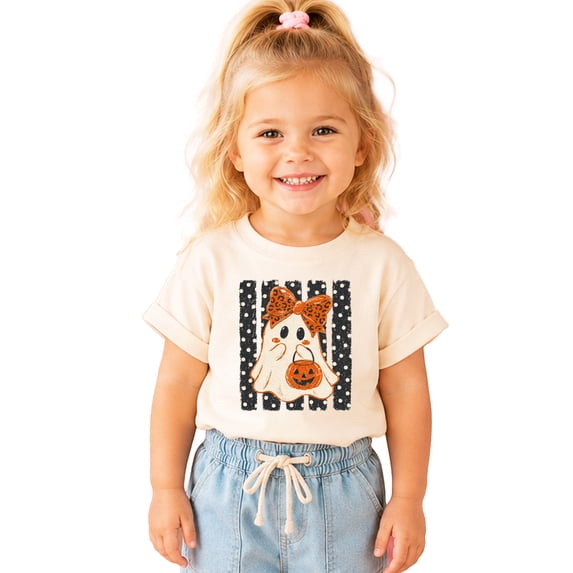 Cute Ghost Halloween Shirt for Girls Leopard Bow Pumpkin, Natural Shirt, 3T