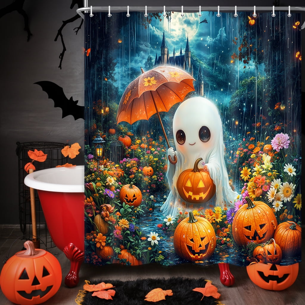 Cute Ghost Halloween Shower Curtain, Funny Watercolor Floral Umbrella Pumpkin Forest Castle Bathroom Decor Curtains, Spooky Night Gothic Waterproof Shower Curtain for Bathroom with Hooks, 70X75in