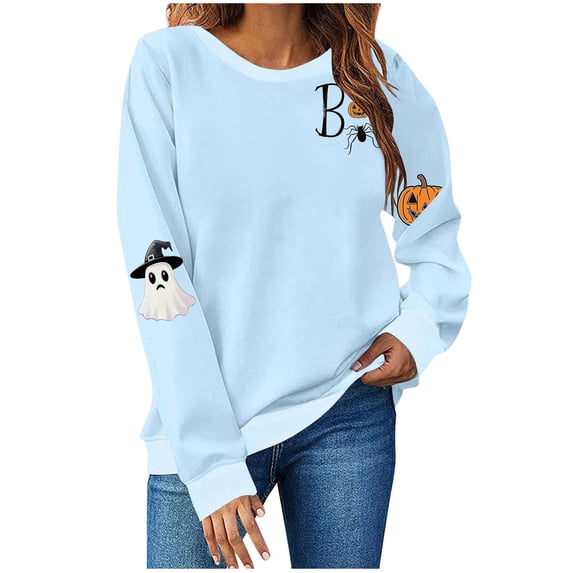 Cute Ghost Halloween Sweatshirt for Women Lightweight Long Sleeve Graphic Pullover Top for Spooky Season Light Blue-1 XL