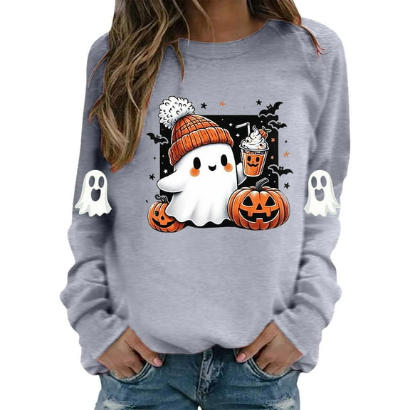 Cute Ghost Halloween Sweatshirts for Women 2025 Crewneck Ghost Coffee Pumpkin Graphic Sweatshirt Pullover Tops