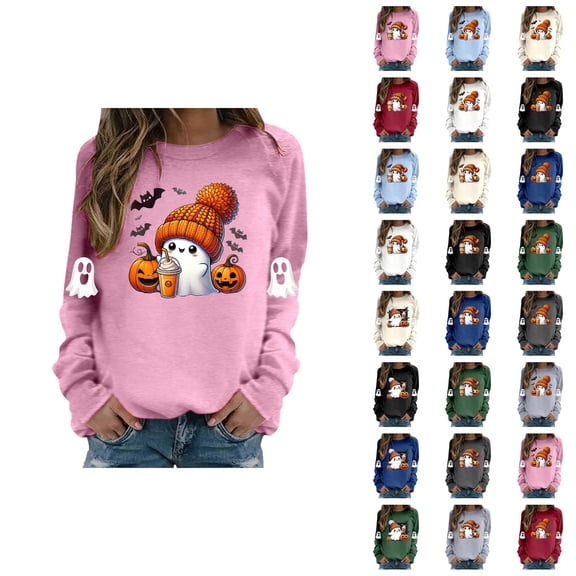Cute Ghost Halloween Sweatshirts for Women 2025 Crewneck Ghost Coffee Pumpkin Graphic Sweatshirt Pullover Tops
