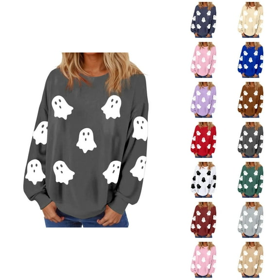 Cute Ghost Halloween Sweatshirts for Women 2025 Long Sleeve Casual Loose Cute Ghost Graphic Sweatshirt Pullover Tops