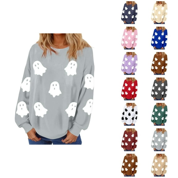 Cute Ghost Halloween Sweatshirts for Women 2025 Long Sleeve Casual Loose Cute Ghost Graphic Sweatshirt Pullover Tops