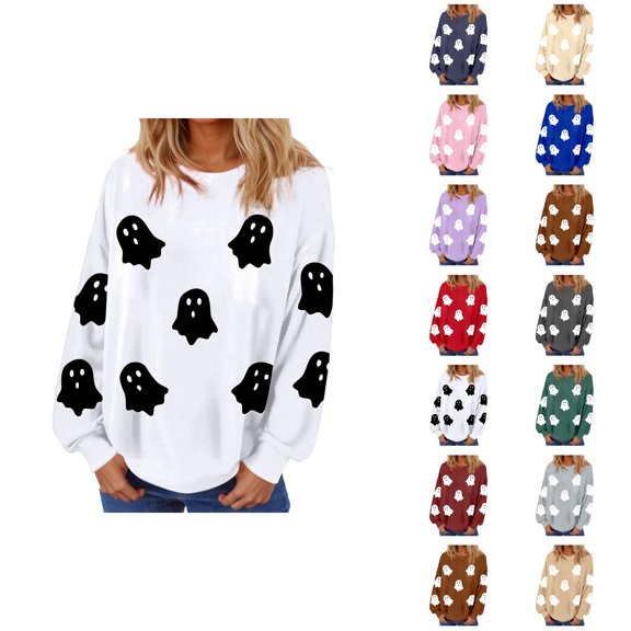 Cute Ghost Halloween Sweatshirts for Women 2025 Long Sleeve Casual Loose Cute Ghost Graphic Sweatshirt Pullover Tops