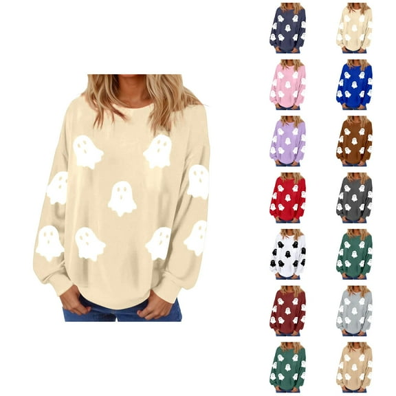 Cute Ghost Halloween Sweatshirts for Women 2025 Long Sleeve Casual Loose Cute Ghost Graphic Sweatshirt Pullover Tops