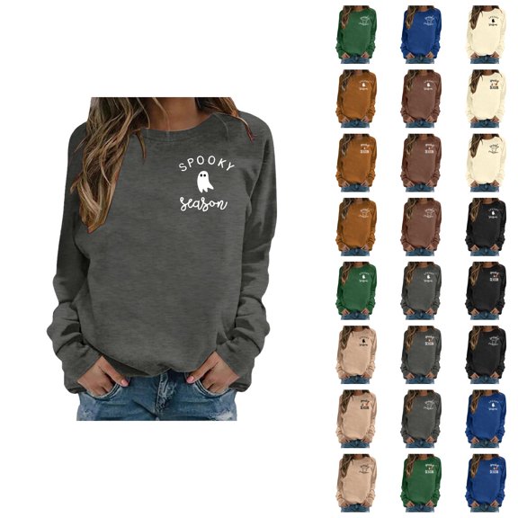 Cute Ghost Halloween Sweatshirts for Women 2025 Long Sleeve Crewneck Spooky Season Graphic Sweatshirt Pullover Tops