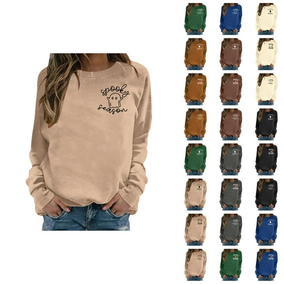 Cute Ghost Halloween Sweatshirts for Women 2025 Long Sleeve Crewneck Spooky Season Graphic Sweatshirt Pullover Tops