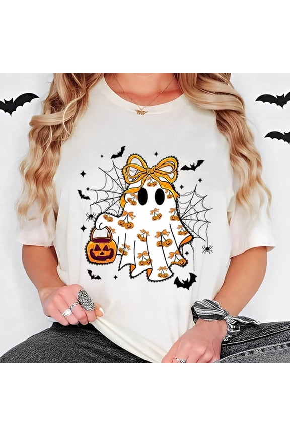 Cute Ghost Halloween T-Shirt – Kawaii Pumpkin and Bow Graphic Tee