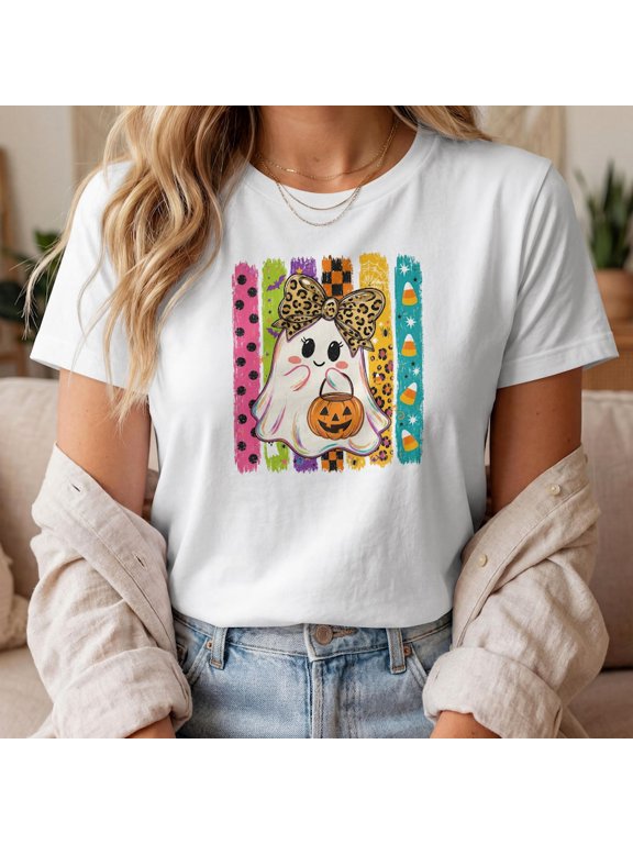 Cute Ghost Halloween T-Shirt, Leopard Bow Ghost Tee, Colorful Boho Halloween Shirt, Trick or Treat Graphic Tee