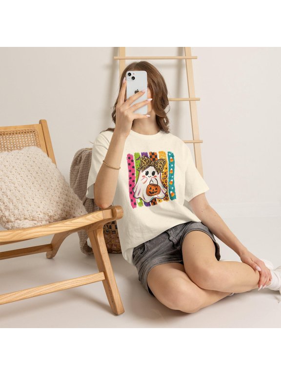 Cute Ghost Halloween T-Shirt, Leopard Bow Ghost Tee, Colorful Boho Halloween Shirt, Trick or Treat Graphic Tee