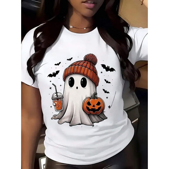 Cute Ghost Halloween T-Shirt Women's Casual Short Sleeve Graphic Tee With Pumpkin And Bats Design For Party Costume