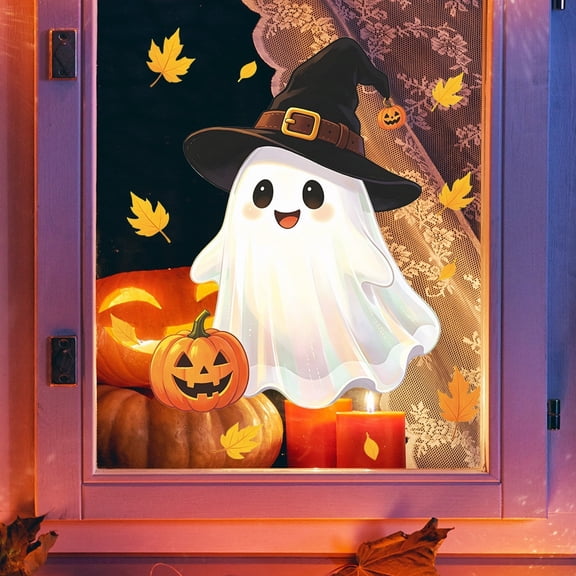 Cute Ghost Halloween Wall Sticker, White 15.4in Tall Witch Hat Ghost Removable Vinyl Decal, Jack O Lantern Fall Maple Leaf Window Cling for Indoor Window Living Room Porch Halloween Home Decor