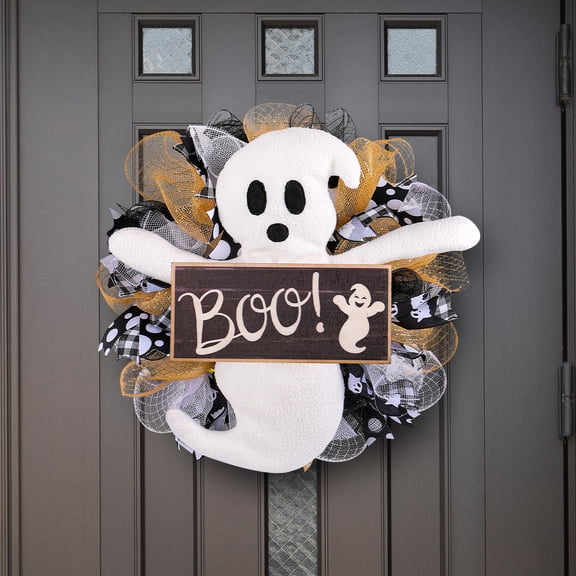 Cute Ghost Halloween Wreaths for Front Door Artificial Welcome Wreath with Ghost for Indoor Outdoor Wall Window Porch Patio Garden Farmhouse Home Party Prom Decoration