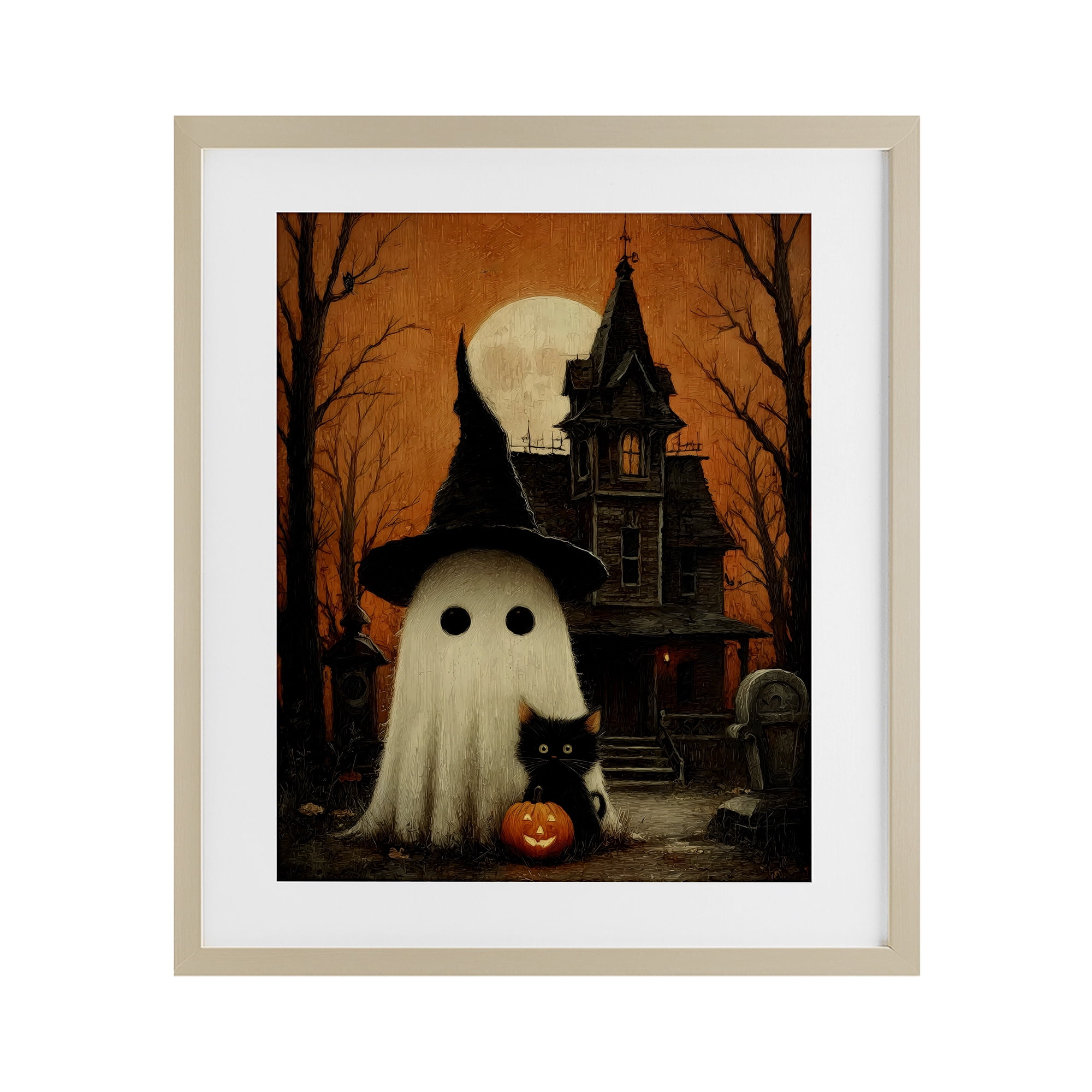 Cute Ghost & Haunted House Birch Framed Print Under Glass, design by Arlington Prints